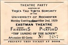 1929 Ticket Theta Tau Theta Sorority Theatre Party U Of R Fairbanks Pickford picture