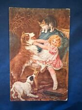 Jack Russell, Border Collie, Kitty and Little Girl Antique PC UDB picture