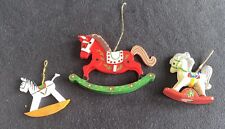 Vintage Wooden & Ceramic Rocking Horse Hanging Christmas Ornaments 80’s Lot Of 3 picture