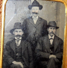 1/9th Size Tintype of three men, wild mustache in half case picture