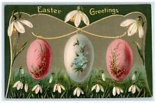 c1910's Easter Greetings Hanging Egg White Flowers Embossed Antique Postcard picture