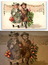 Hold To Light Christmas~ Children with Holly & Fruit ~Antique HTL Xmas~Postcard~ picture