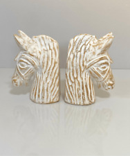 Set of 2- Horse Head Bookends Figurine 10in Animal Pottery Textured Beige Cream picture