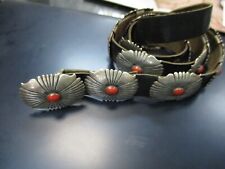 Vintage Native American Sterling Silver Coral Concho leather Belt signed picture