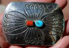 Beautiful Old Navajo Sterling Silver & Turquoise Stone & Red Coral Belt Buckle picture