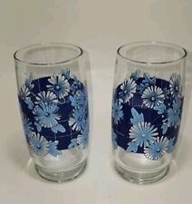 Vintage Clear Glass Glasses Tumblers Blue Daisy Design Set Of 2  picture