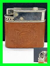 UNFIRED Vintage Leather Wrapped Push Button Stag Deer Table Lighter Working Cond picture