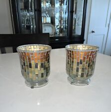 Two Small Mosaic Multi-Color Painted Glass Candle Holders picture