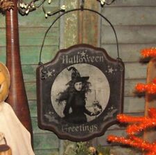 Primitive Antique Vtg Style Magic Witch Halloween Greetings Bats Moon Stars Sign picture
