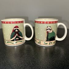 SET OF 2-Oneida Holiday Cats Mugs Tuxedo Cat & Green Cape Cat  picture