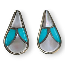 Vintage Zuni Native American Mother of Pearl Turquoise Channel Inlay Earrings picture