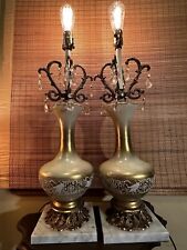 Pair Vintage Gold Damask Floral Filigree Brass Marble Base Crystal Lamps picture