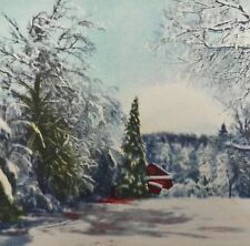 Vintage Mid Century Christmas Greeting Card Cute Snowy Trees House Wintry Scene picture