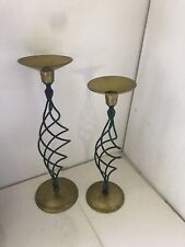 Pair of Vintage Hollow Spiral Shape Pattern Green Patinaed Brass Candle Holders picture