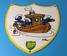 Vintage BP Gasoline Sign - Shell Smurfs Fishing Gas Oil Pump Porcelain Sign picture