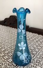 Victorian 1890s Blue Glass Bud Vase White Enameling picture