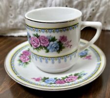 Vintage China C. Art H.K. Floral Tea Cup & Saucer Set Pink Blue Rose picture