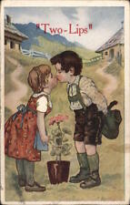 Romantic Children 1909 Little Boy and Little Girl Kiss Over Flower in Village picture