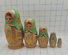 Vtg Russian Nesting Dolls Wooden Hand Painted Set Of 5 Woodburned Signed  picture