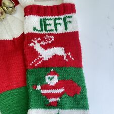 Vtg Handmade Knitted Christmas Stocking Jeff Reindeer Santa Pom Pom Bells 36” picture