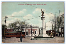 c1910 Post Office Monument Square Trolley Car Battle Creek MI Postcard picture