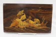 Vintage Indian Woman & Sheep Inlaid Marquetry Wood Plaque Wall Hanging Picture picture