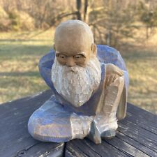 Vintage Asian Sitting Elder Statue Wood Carved Figurine Painted Marked picture