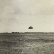 Vintage Black and White Photo Skydiver Landing On Ground Parachute Open Field  picture