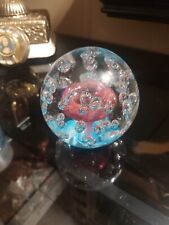Vintage Art Glass -  Pink Flower Paperweight Ball, Blue and Pink 4.5