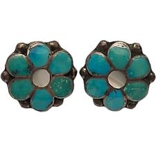 VINTAGE ZUNI INDIAN DISHTA STYLE SILVER INLAID TURQUOISE SCREW BACK EARRINGS picture