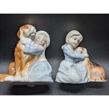 Two Vintage Girls Holding Dogs Porcelain Figurines High Gloss Well Made picture