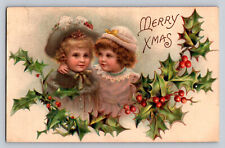 c1910 Children Girls Holly Germany Merry Embossed Christmas P778 picture