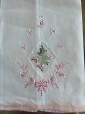 Linen Towel Organdy Flower Applique Embroidered Hand Made Show Pink Edge Vintage picture