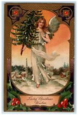c1910's Christmas Tree Decorated Angel Holly Berries Embossed Antique Postcard picture