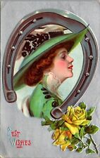 Vintage Postcard Beautiful Gibson Girl in Green Hat Roses Horseshoe Posted 1910 picture