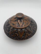 Vintage Round Wooden Trinket Box W/ Decorative Etching Excellent Condition picture