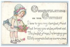 1915 Congratulations Birthday Girl Basket Of Flowers Little Fall NY Postcard picture