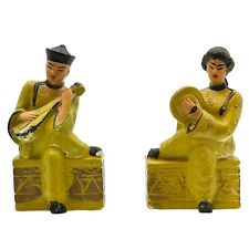 Two Vintage Oriental Chinese Figurines Bookends Painted Chalkware Musical Couple picture