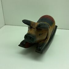 Vintage Hand Carved Wooden Rocking Pig Hand Painted Multicolor Folk Art. TS picture