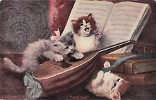 Artist Card Kittens Pluck Lute Singing Meowing Music Books Postcard c 1906 picture