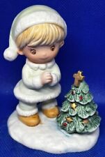 Vintage Boy Praying with Christmas Night Cap and Tree Cermaic Figurine picture
