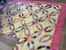 Vintage Patchwork Quilt Top, Wedding Ring, Multi Color, Mid 1900s, As Is, Cutter picture
