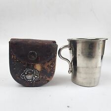 antique Collapsible Silverplate Travel TEA Cup w/ Case soldier ww1 leather case picture