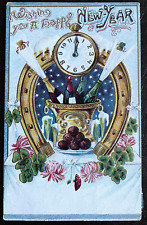 Postcard Happy New Year Embossed with Champagne and Horseshoe Vintage picture