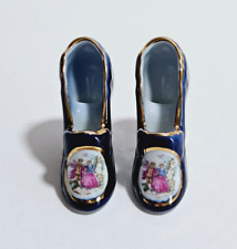 Vtg Pair Miniature High Heel Shoes Porcelain Victorian Cobalt Blue Gold Japan picture