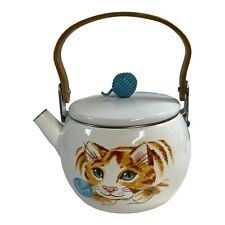 Enamel Teapot Cat w/Yarn MCM Metal Vintage Tea Kettle MARTIN LEMAN READ picture