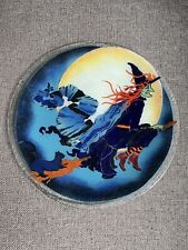 Peggy Karr Glass Witch Broom Halloween Platter Plate Full Moon Cat RARE 13