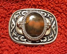 Nice Heavy Silver Colored Belt Buckle w/ red/Brown Stone picture