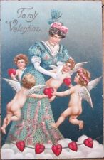 Valentine 1912 Postcard, Woman in Dress, Cherubim, Embossed Color Litho picture