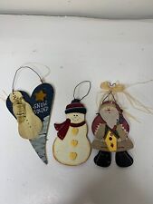 Vintage Wooden Christmas Tree Ornaments Lot of 3 Snowman Santa Heart Country picture